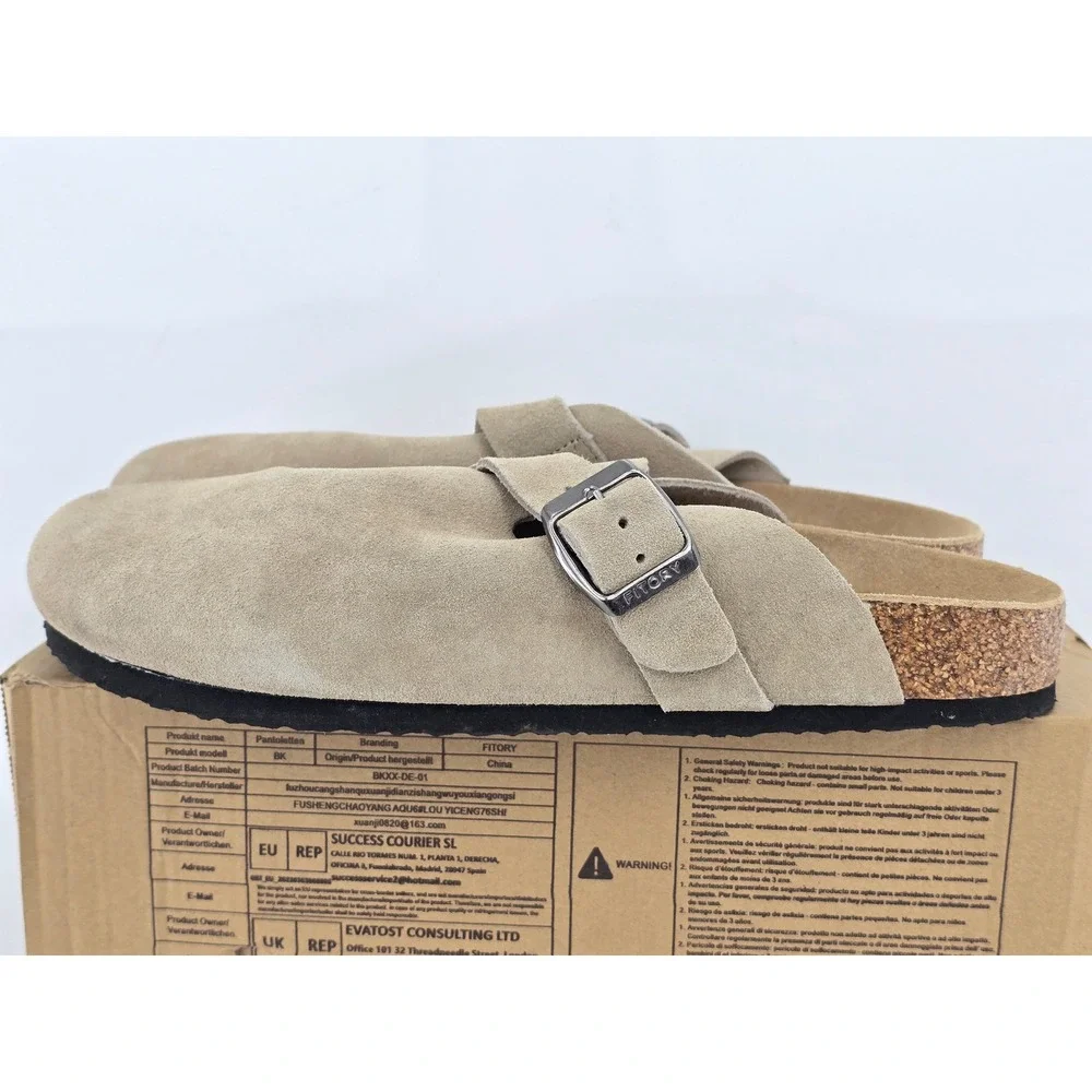 Fitory Suede Clogs Mens Size 11 Taupe Leather Mules Buckle Shoes‎ -Good